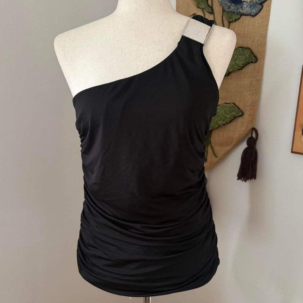 Kiwi Women Black One Shoulder Y2K Top Silver Hardware Cinched Side Large